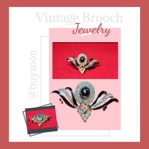 Vintage Black Enamel Brooch with Rhinestones